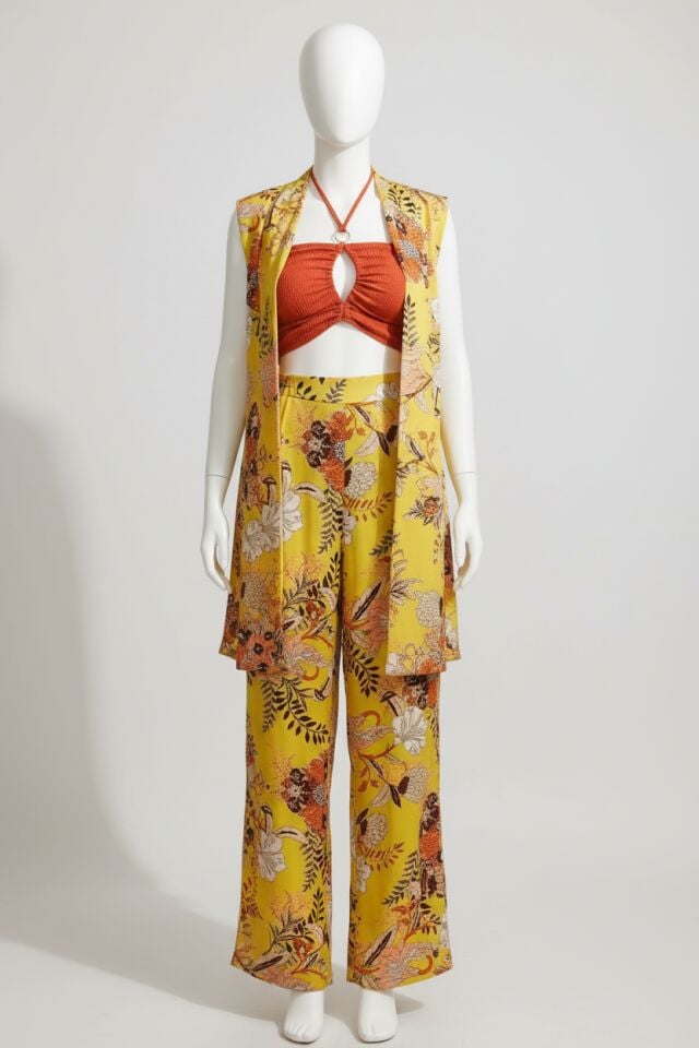 Boyundan Bağlamalı V Yaka Kadın Çiçek Desenli Yazlık Boncuk Detaylı Pijama Takımı Sabahlık