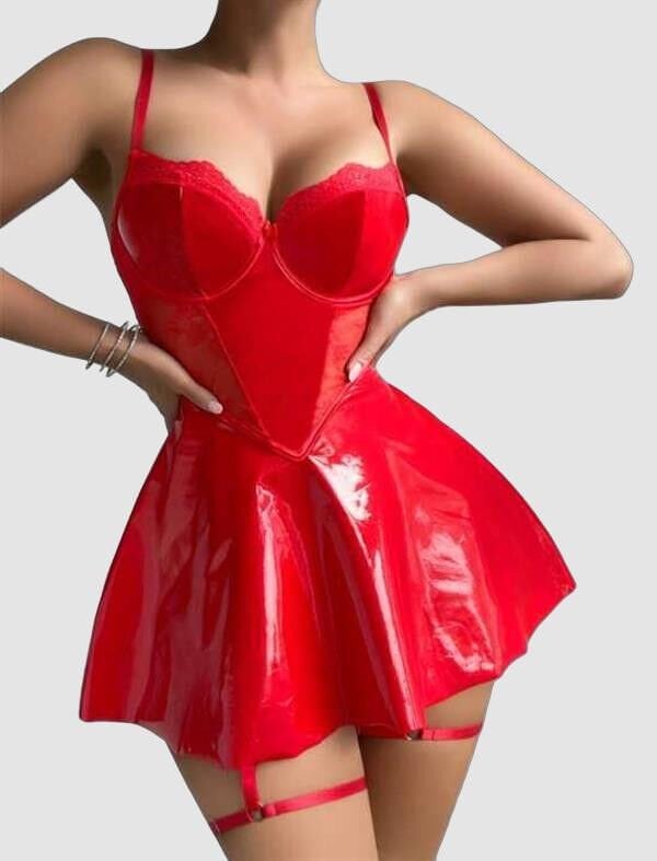 Arias Closet Kırmızı Parlak Deri Şık Bacak Bantlı Fantezi Club Elbise