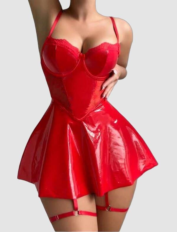 Kırmızı Parlak Deri Şık Bacak Bantlı Fantezi Club Elbise
