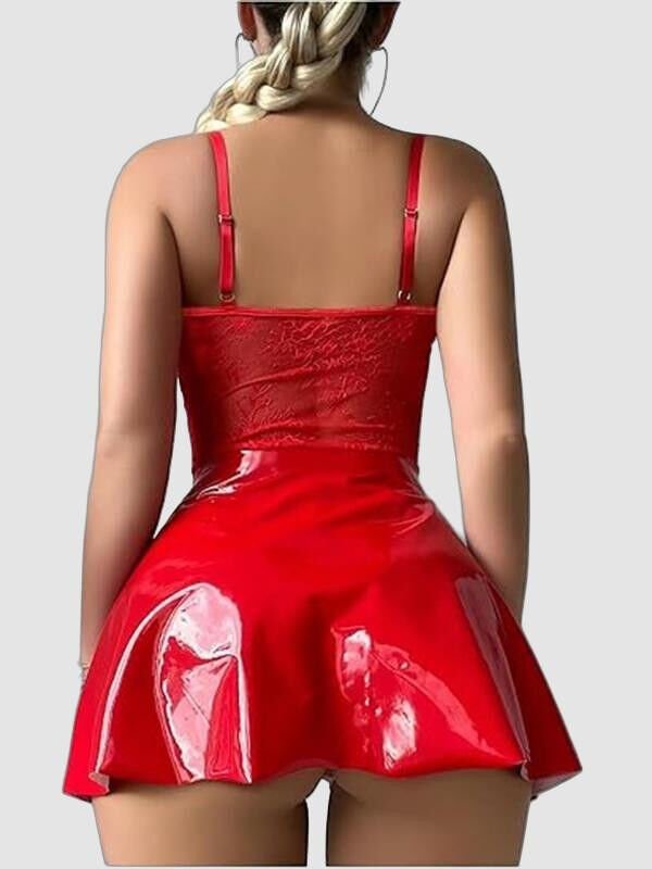 Kırmızı Parlak Deri Şık Bacak Bantlı Fantezi Club Elbise