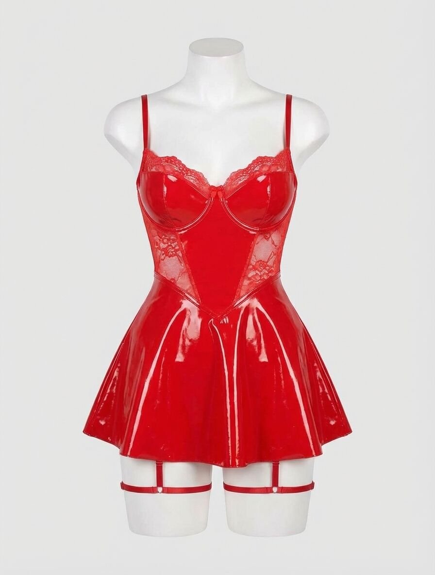 Kırmızı Parlak Deri Şık Bacak Bantlı Fantezi Club Elbise