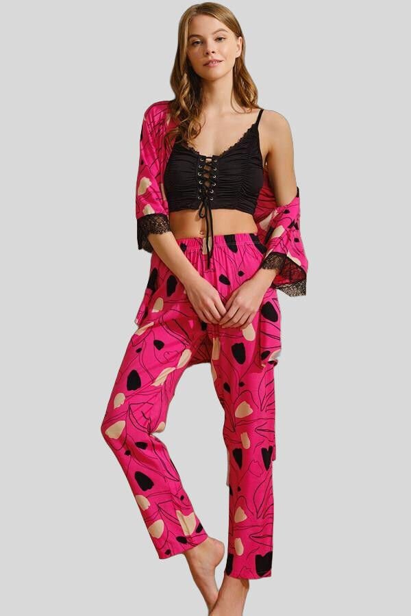 İp Askılı V Yaka Kadın Çiçek Desenli Yazlık Uzun İp Detaylı Pijama Altı Sabahlık