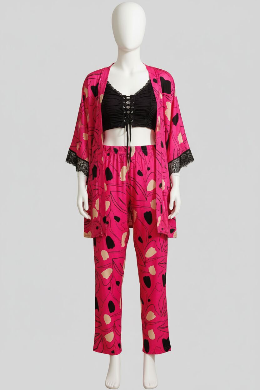 İp Askılı V Yaka Kadın Çiçek Desenli Yazlık Uzun İp Detaylı Pijama Altı Sabahlık