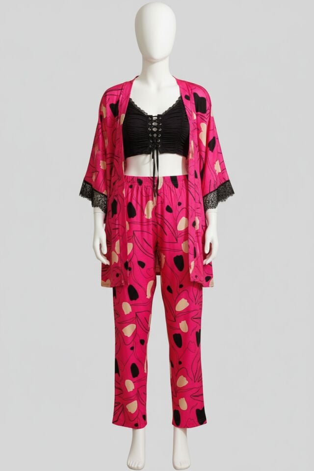 İp Askılı V Yaka Kadın Çiçek Desenli Yazlık Uzun İp Detaylı Pijama Altı Sabahlık