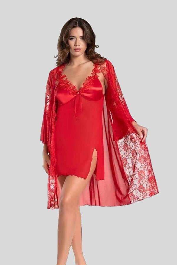 Arias Closet Transparan Dantel İşlemeli Tül Yırtmaçlı 2'li Kırmızı Gecelik Takımı