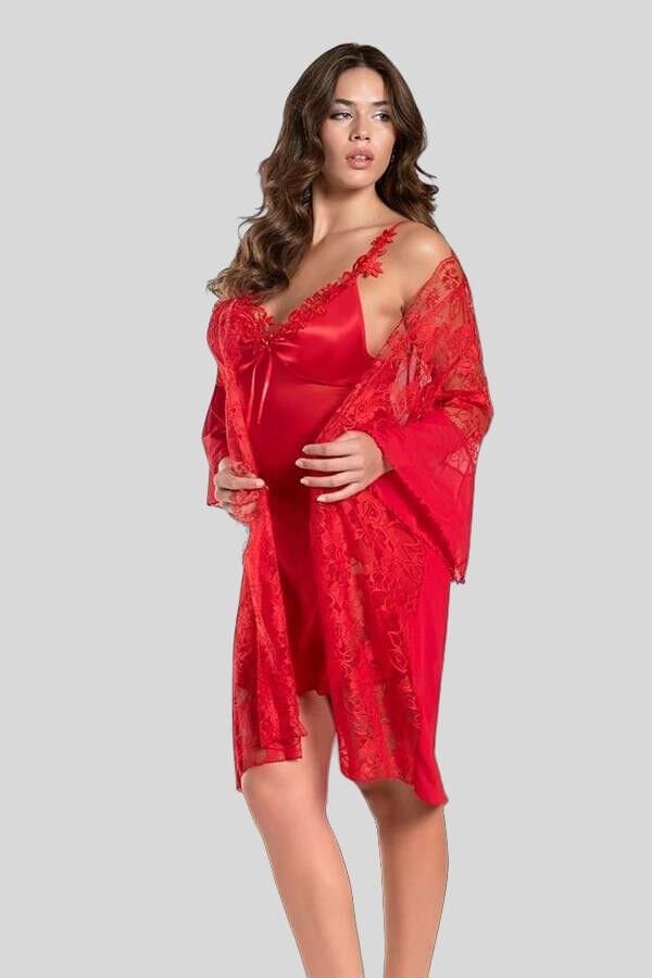 Arias Closet Transparan Dantel İşlemeli Tül Yırtmaçlı 2'li Kırmızı Gecelik Takımı