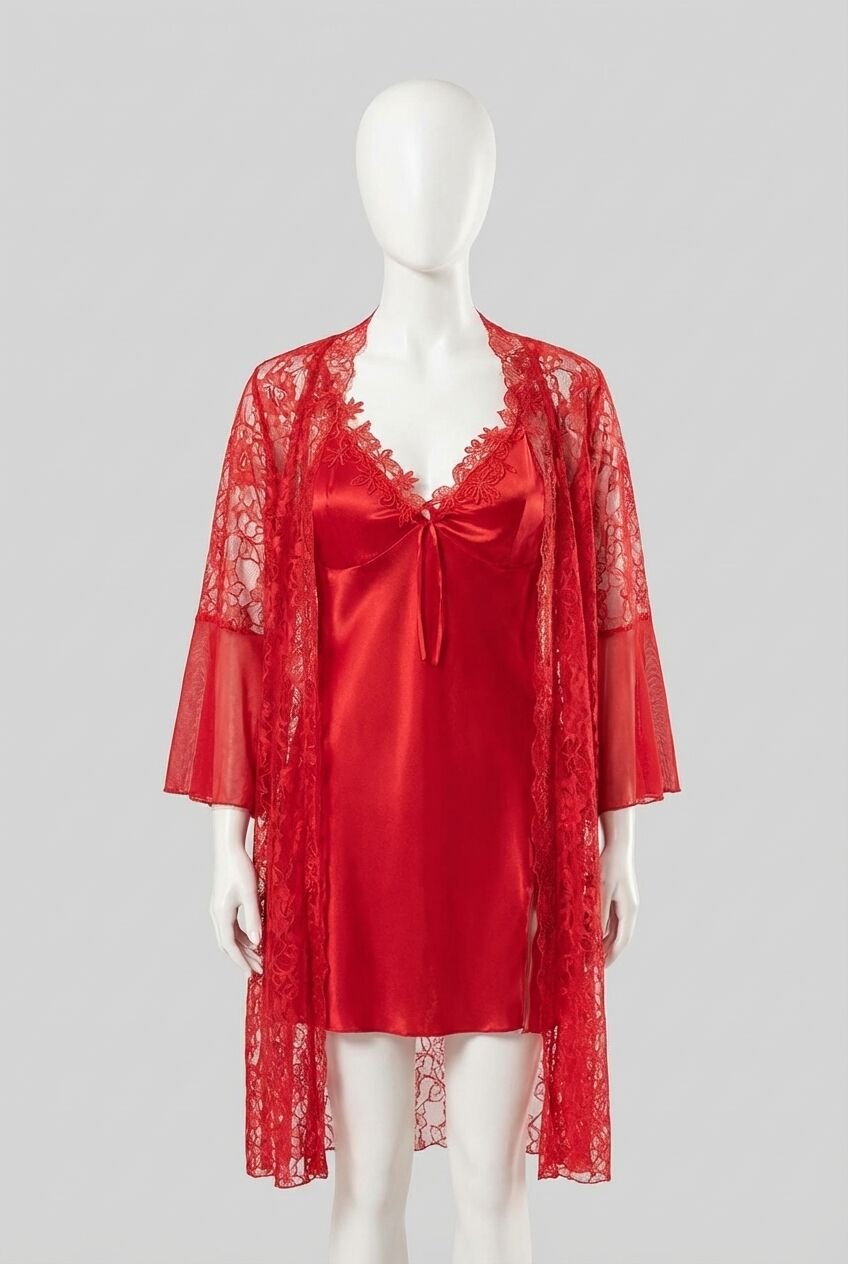 Transparan Dantel İşlemeli Tül Yırtmaçlı 2'li Kırmızı Gecelik Takımı