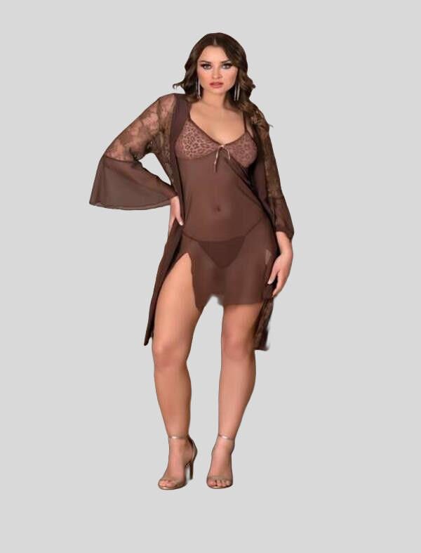 Leopar Desenli Transparan Dantel İşlemeli Tül Yırtmaçlı 2'li Gecelik Takımı