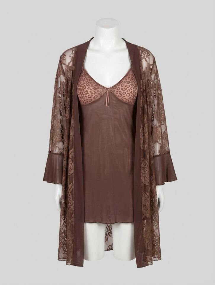 Leopar Desenli Transparan Dantel İşlemeli Tül Yırtmaçlı 2'li Gecelik Takımı