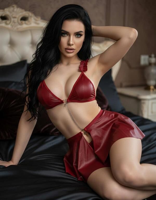 Arias Closet Bordo Göğüs Dekolteli Mini Etekli Fantezi Deri Takım