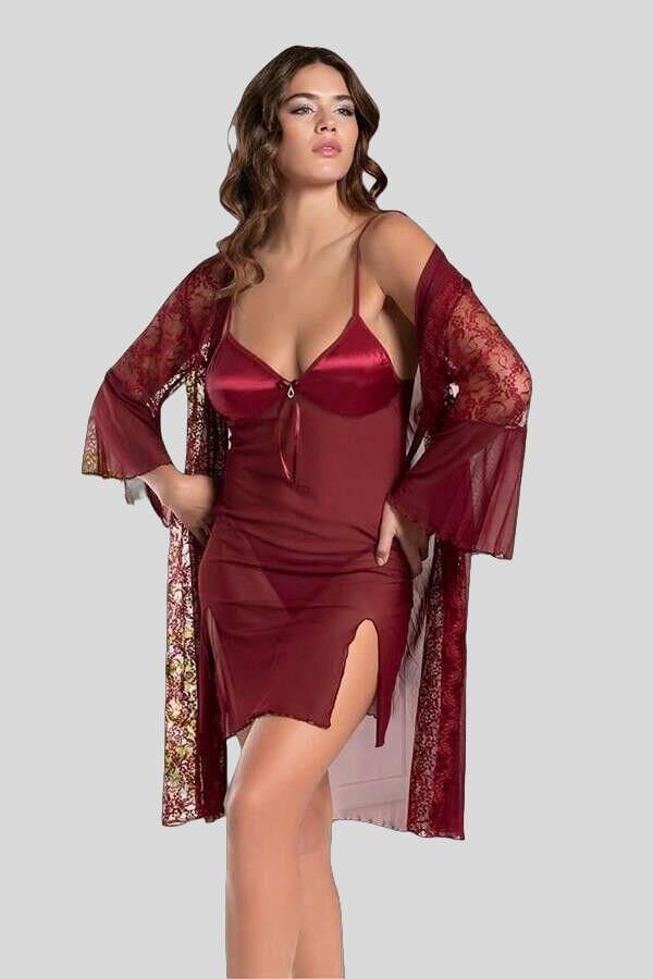 Arias Closet Bordo Transparan Dantel İşlemeli Tül Yırtmaçlı 2'li Gecelik Takımı