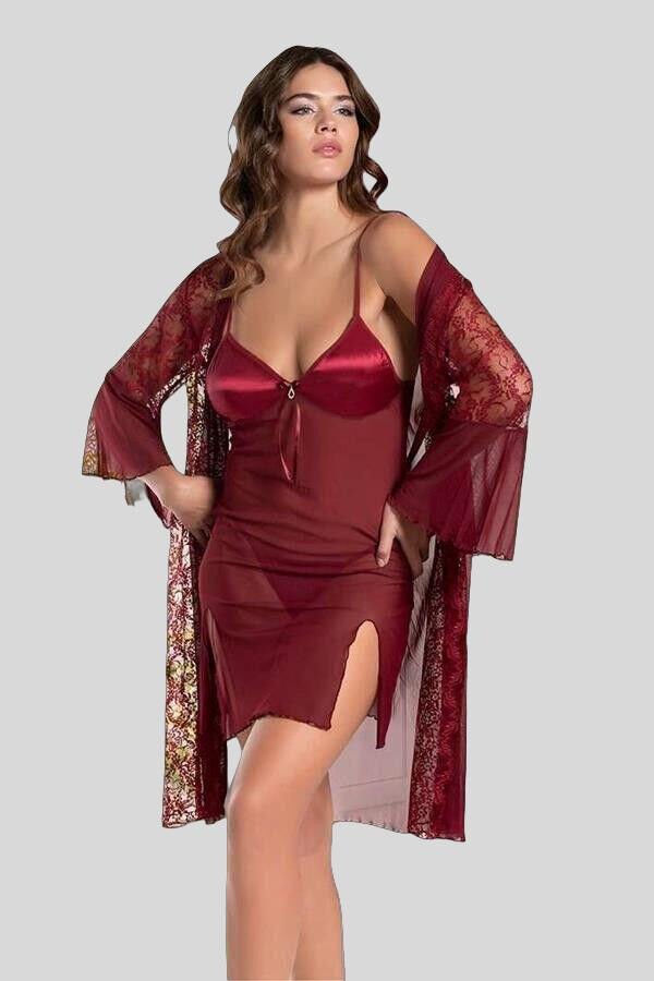 Bordo Transparan Dantel İşlemeli Tül Yırtmaçlı 2'li Gecelik Takımı