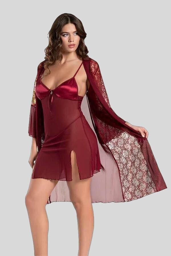 Arias Closet Bordo Transparan Dantel İşlemeli Tül Yırtmaçlı 2'li Gecelik Takımı