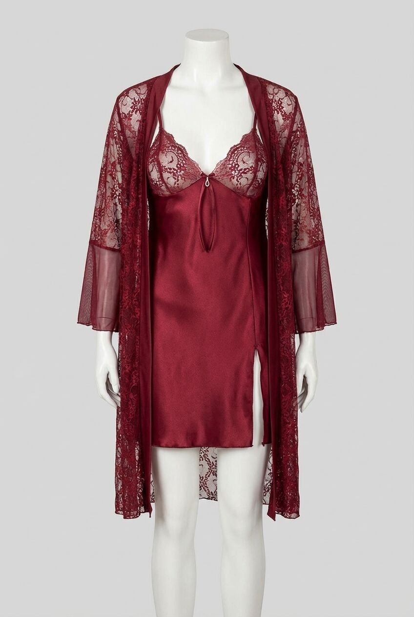 Bordo Transparan Dantel İşlemeli Tül Yırtmaçlı 2'li Gecelik Takımı