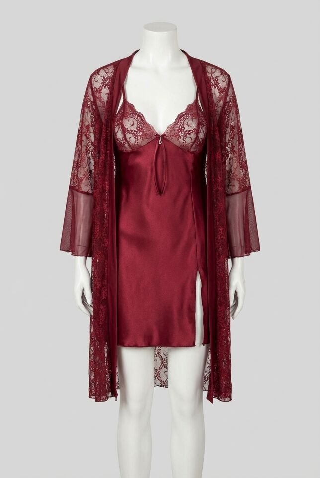 Bordo Transparan Dantel İşlemeli Tül Yırtmaçlı 2'li Gecelik Takımı