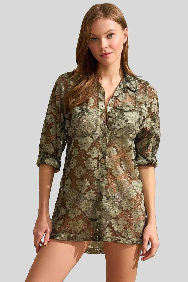 Kısa Yarım Kol V Yaka Kadın Çiçek Desenli Yazlık Mini Transparan Tül Detaylı Elbise