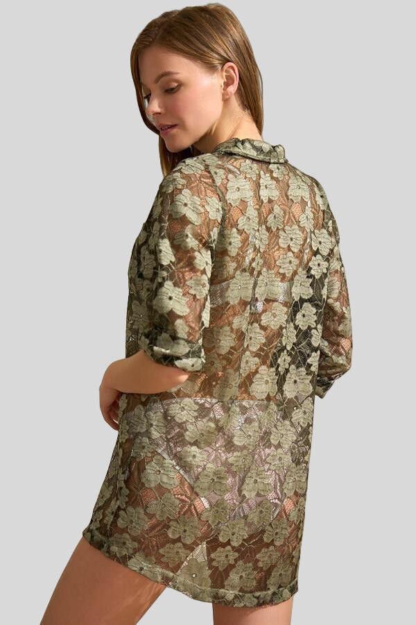 Kısa Yarım Kol V Yaka Kadın Çiçek Desenli Yazlık Mini Transparan Tül Detaylı Elbise