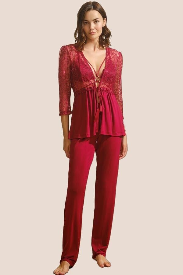 Arias Closet Viskon Dantelli Sabahlık Yaka Detaylı Sırt Dekolteli Bustiyer Sütyen ve Pantolon Pijama 3'lü Takım