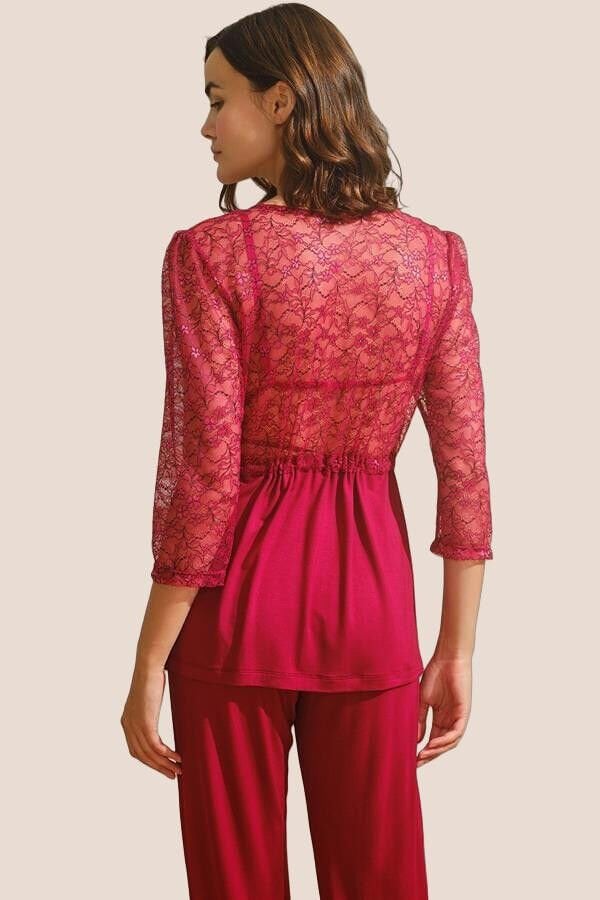 Arias Closet Viskon Dantelli Sabahlık Yaka Detaylı Sırt Dekolteli Bustiyer Sütyen ve Pantolon Pijama 3'lü Takım