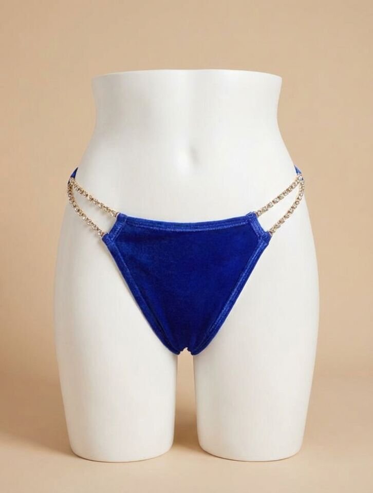 Parlak Taş İşlemeli Fantezi Mavi String Tanga