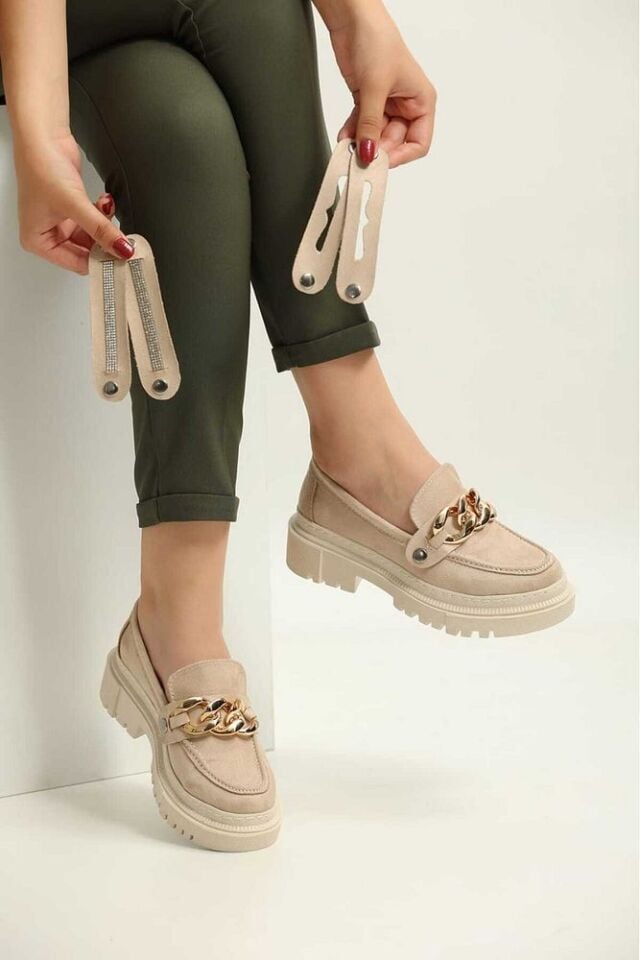 Tokası Değişebilen Loafers Günlük Kadın Süet Krem Ayakkabı