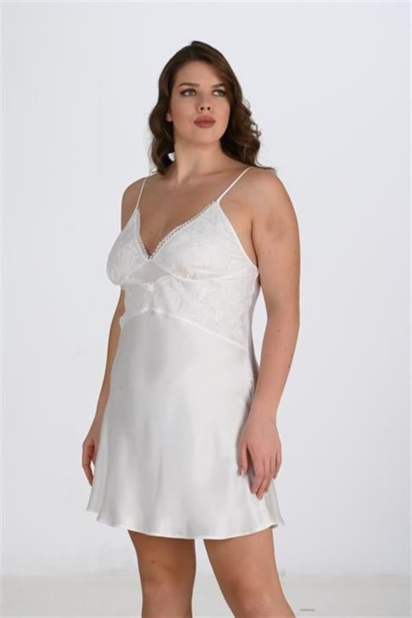 Arias Closet Premium Büyük Beden Saten Dantel İşlemeli Ekru 2'li Gecelik Sabahlık Takımı Bigsize