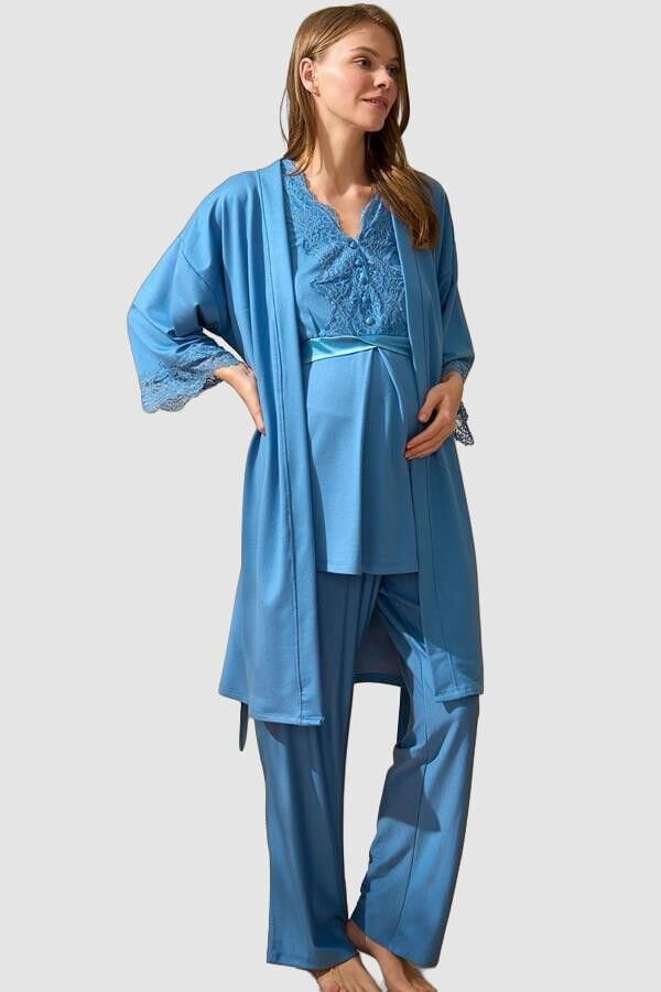 Arias Closet Sıfır Kol V Yaka Kadın Viskon Düz Yazlık Uzun Dantel Detaylı Hamile Pijama Takımı Sabahlık