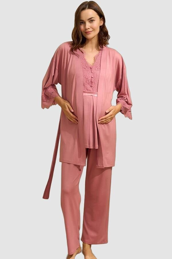 Arias Closet Sıfır Kol V Yaka Kadın Viskon Düz Yazlık Uzun Dantel Detaylı Hamile Pijama Takımı Sabahlık