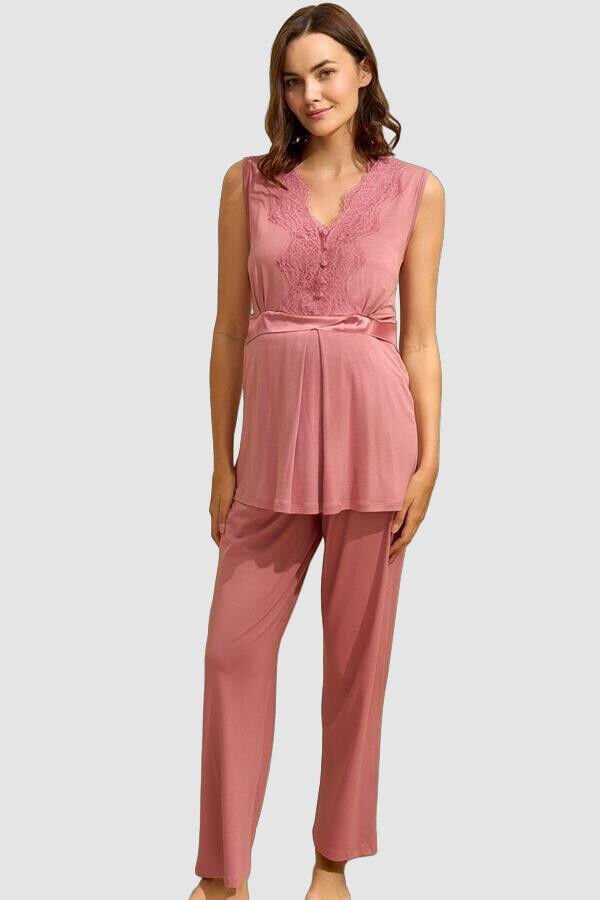 Arias Closet Sıfır Kol V Yaka Kadın Viskon Düz Yazlık Uzun Dantel Detaylı Hamile Pijama Takımı Sabahlık