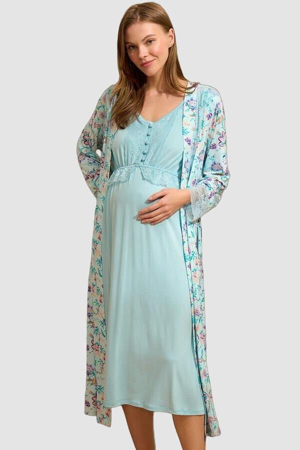 Arias Closet Sıfır Kol V Yaka Viskon Çiçek Desenli Yazlık Uzun Dantel Detaylı Hamile Gecelik Sabahlık