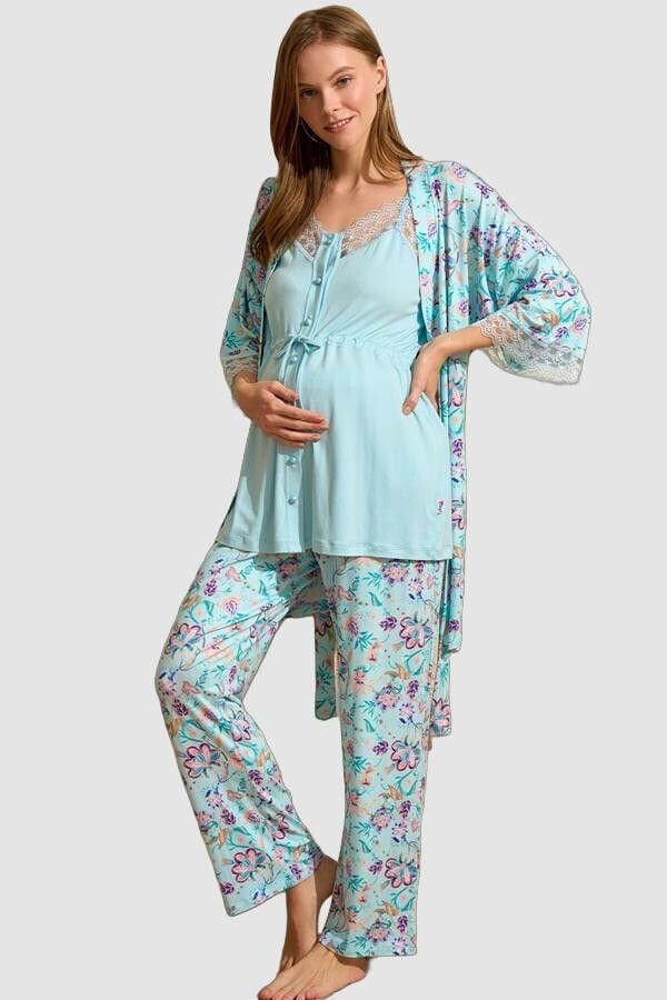 Arias Closet İp Askılı V Yaka Kadın Çiçek Desenli Yazlık Dantel Detaylı Hamile Pijama Takımı Sabahlık