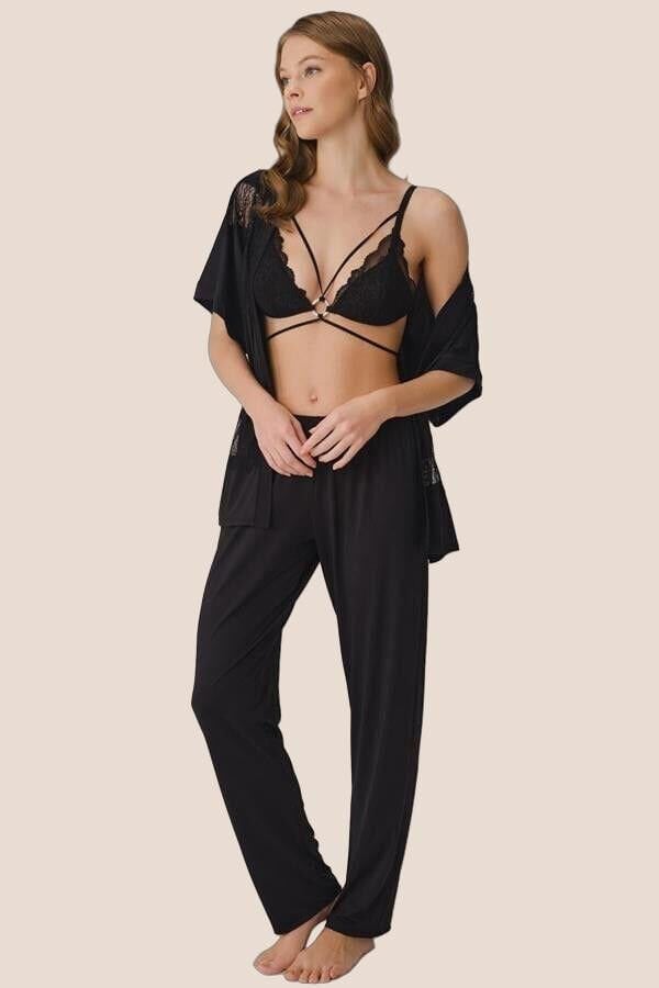 Arias Closet İp Askılı V Yaka Düz Yazlık Uzun Dantel Detaylı Pijama Takımı Sabahlık