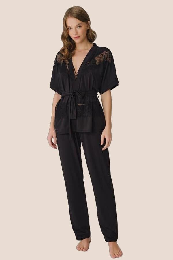 Arias Closet İp Askılı V Yaka Düz Yazlık Uzun Dantel Detaylı Pijama Takımı Sabahlık