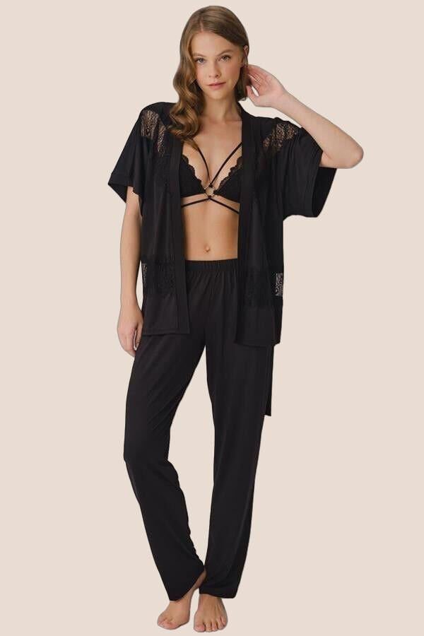 Arias Closet İp Askılı V Yaka Düz Yazlık Uzun Dantel Detaylı Pijama Takımı Sabahlık