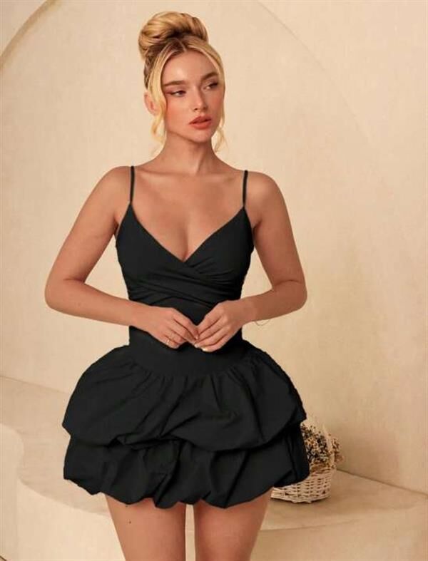 Arias Closet Özel Şık Tasarım Fırfır Detay İnce Askılı Siyah Mini Club Elbisesi