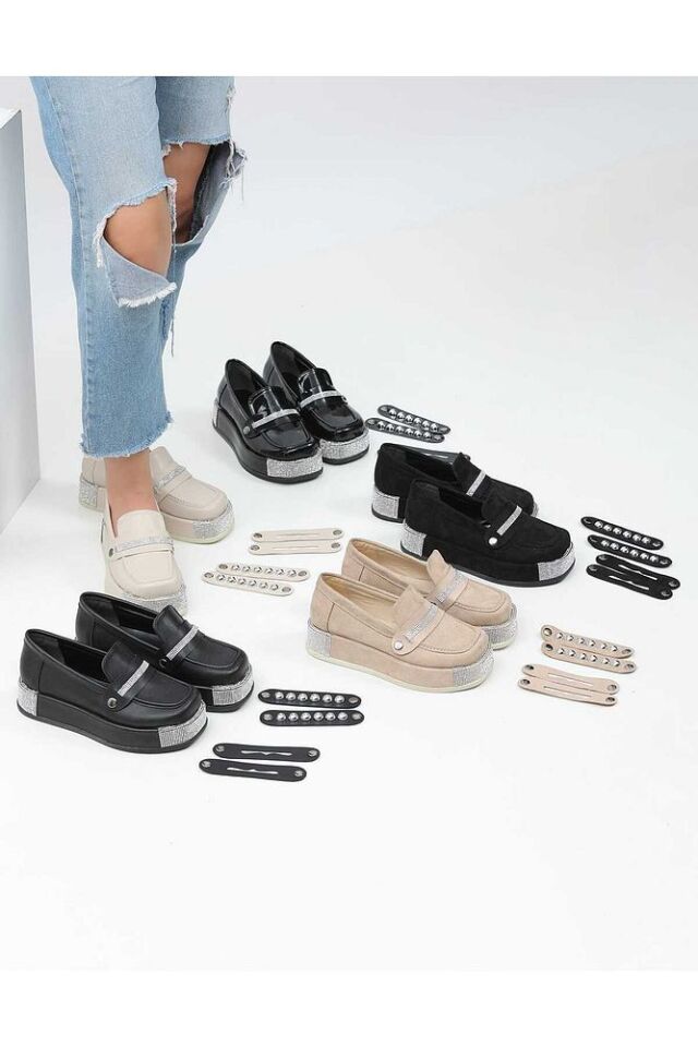 Platform Topuklu Taşlı Loafers Günlük Krem Ayakkabı