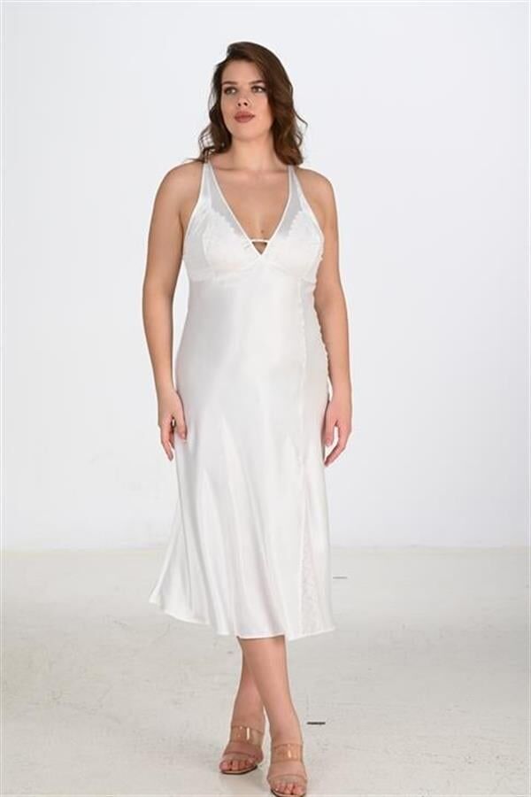 Arias Closet Premium Büyük Beden Saten Dantel İşlemeli Ekru Uzun Yırtmaçlı 2'li Gecelik Sabahlık Takımı Bigsize