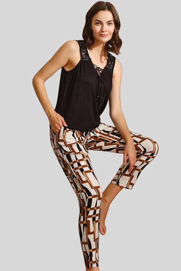 Sıfır Kol V Yaka Kadın Viskon Geometrik Yazlık Uzun İp Detaylı Pijama Takımı