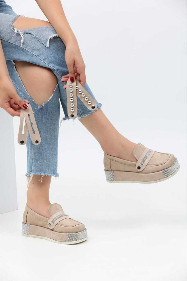 Platform Topuklu Taşlı Loafers Günlük Süet Kahverengi Ayakkabı