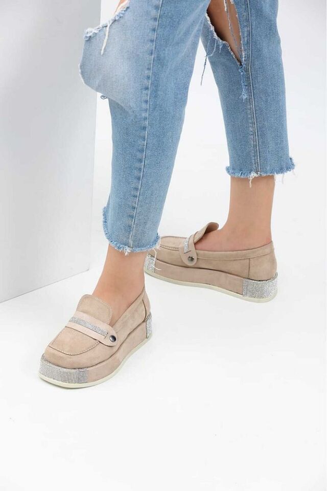 Platform Topuklu Taşlı Loafers Günlük Süet Kahverengi Ayakkabı