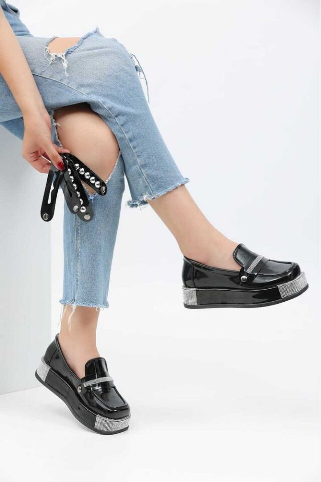 Platform Topuklu Taşlı Loafers Günlük Süet Kahverengi Ayakkabı