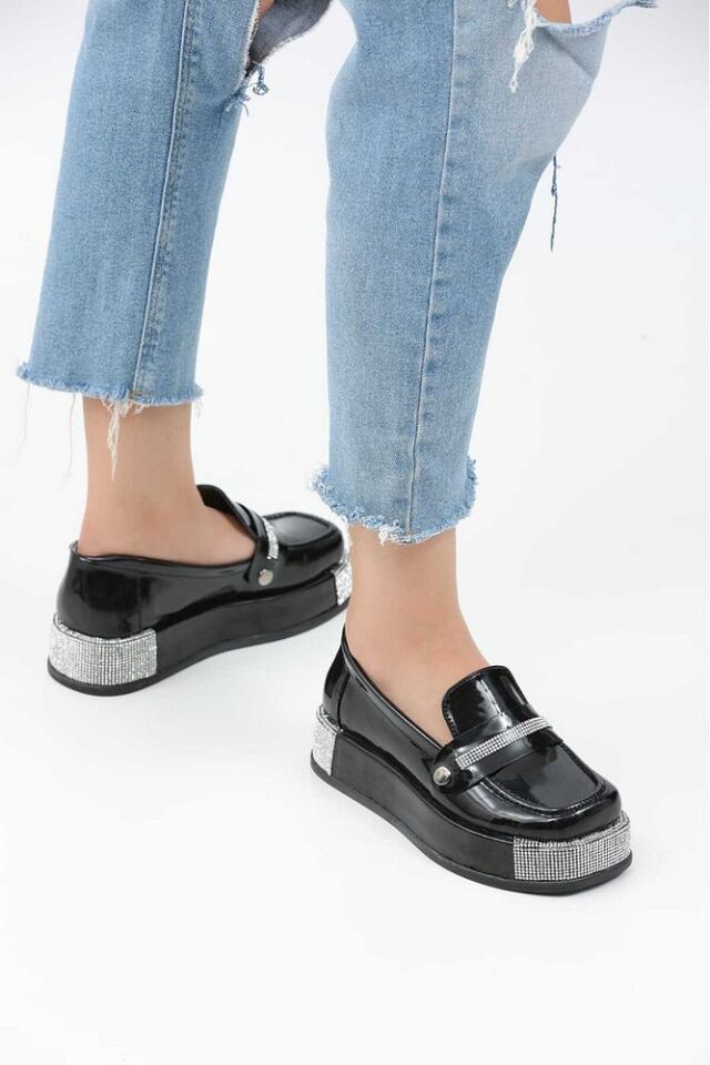 Platform Topuklu Taşlı Loafers Günlük Süet Kahverengi Ayakkabı