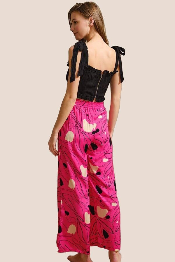 Arias Closet Kalın Askılı Viskon Çiçek Desenli Sırt Aksesuarlı Yazlık Dantel Detaylı Pijama Altı