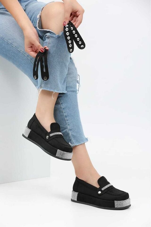Platform Topuklu Taşlı Loafers Günlük Kadın Süet Siyah Ayakkabı