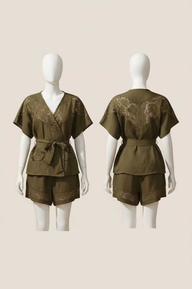 Arias Closet Kısa Yarım Kollu V Yaka Kadın Viskon Düz Yazlık Mini Dantel Detaylı Pijama Takımı