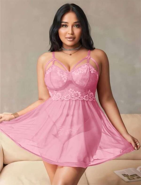 Arias Closet Büyük Beden Pembe Dantel İşlemeli Göğüs Detaylı Tül Gecelik