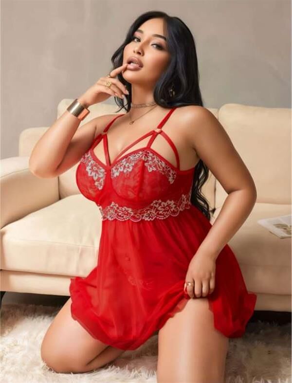 Arias Closet Büyük Beden Kırmızı Dantel İşlemeli Tül Gecelik