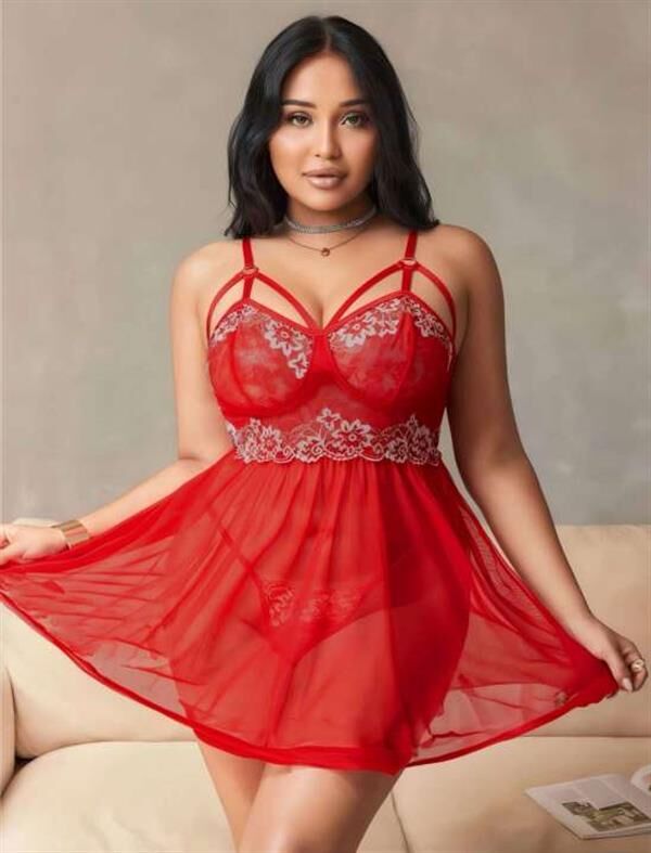 Arias Closet Büyük Beden Kırmızı Dantel İşlemeli Tül Gecelik