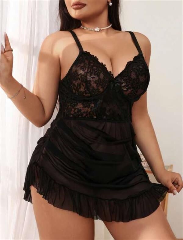 Arias Closet Büyük Beden Siyah Dantel İşlemeli Fırfırlı Tül Gecelik