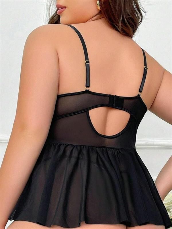 Arias Closet Büyük Beden Siyah Dantel İşlemeli Etek Görünümlü Jartiyer Takımı